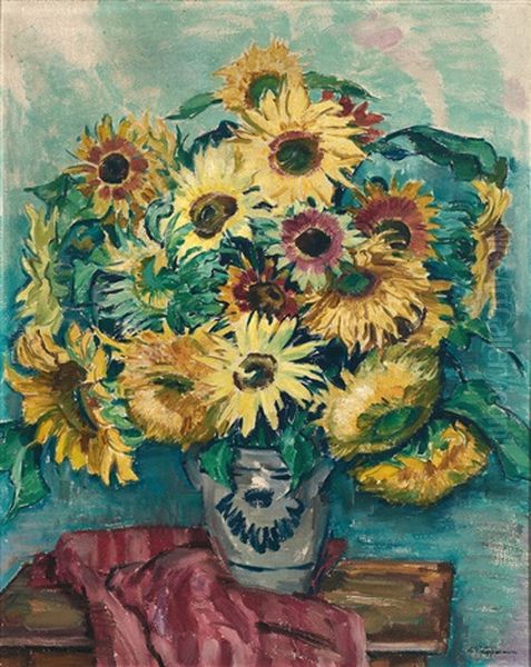 Sonnenblumenstraus In Steinguttopf Oil Painting by Karl Friedrich Lippmann