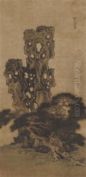 Pine Tree And Rock Oil Painting by  Liu Du