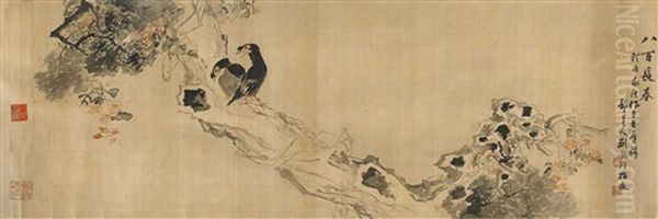 Two Myna Birds On A Flowering Tree. Finger Painting Oil Painting by  Liu Xiling