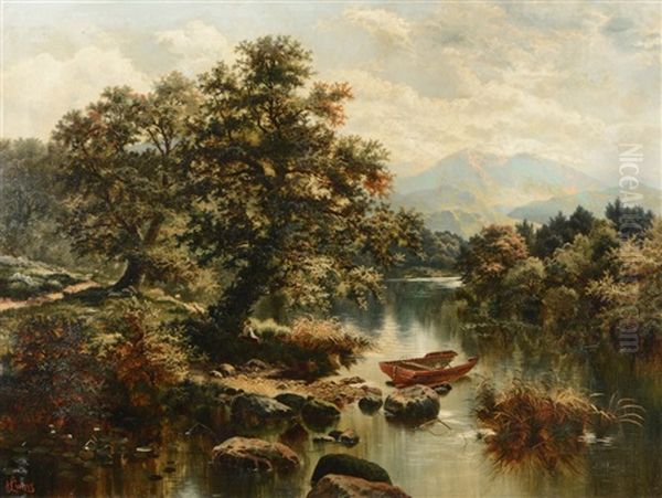 A Mountainous River Landscape With Boat, A Figure Resting Beneath A Tree Nearby Oil Painting by Horace Mann Livens