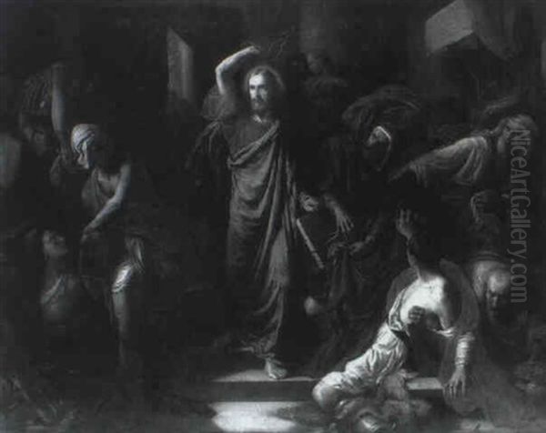 Jesus Chassant Les Marchands Du Temple Oil Painting by Frederic Theodore Lix