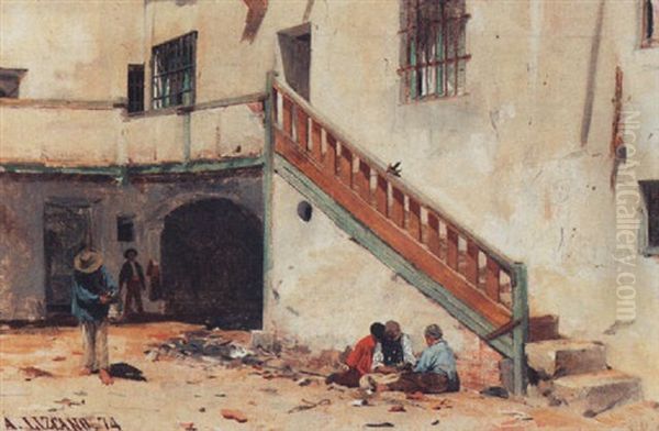 Children In A Courtyard Oil Painting by Angel Lizcano Y Monedero