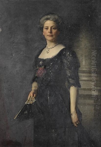Portrait Of Lady Margaret, Baroness Harlech, Full-length, In A Black Dress Holding A Fan Oil Painting by William Samuel Henry (Sir) Llewellyn