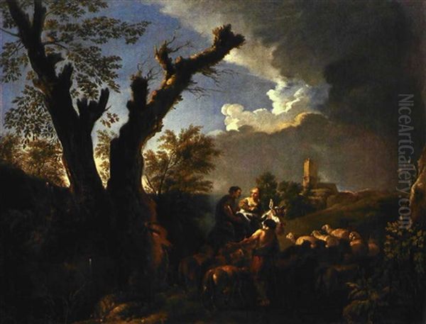 Paesaggio Nella Campagna Romana Con Tre Pastori E Armenti Oil Painting by Andrea Locatelli