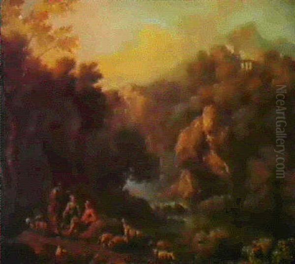 Goatherds Resting By A Rocky Gorge Oil Painting by Andrea Locatelli