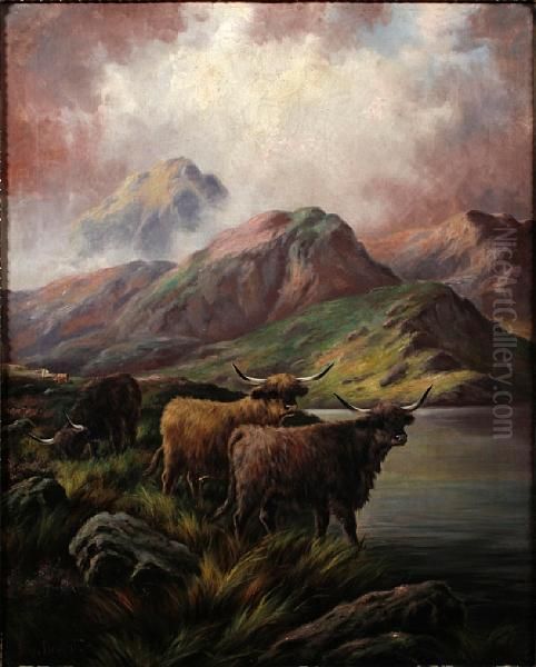 Highland Cattle In A Mountainous Landscape Oil Painting by William James Bennett