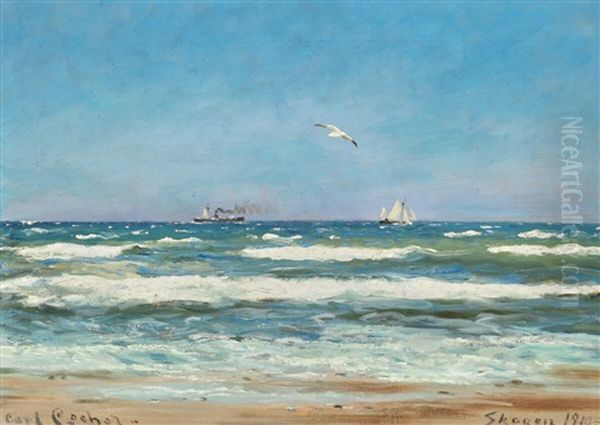 Summer Day With Ships Off The Coast Oil Painting by Carl Ludvig Thilson Locher