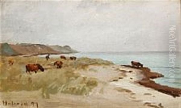 Beach Scene With Cows, Hulerod, Denmark Oil Painting by Carl Locher