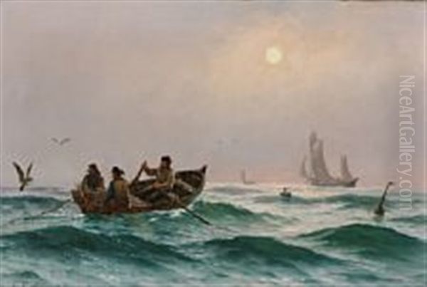 Fishermen In A Rowing Boat At Sea Oil Painting by Carl Locher