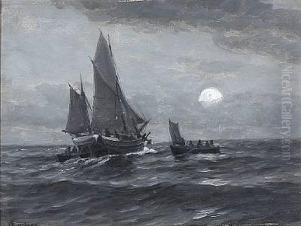 Seascape In Moonlight Oil Painting by Carl Locher