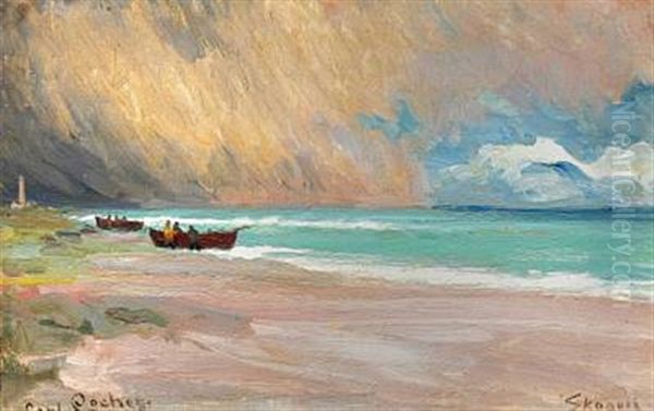 Seascape With Fishing Boats On The Beach, Skagen Oil Painting by Carl Ludvig Thilson Locher
