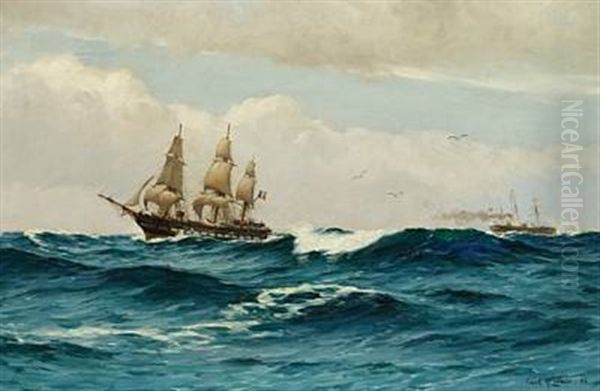 French Three-master And Danish Steamship At Sea Oil Painting by Carl Ludvig Thilson Locher