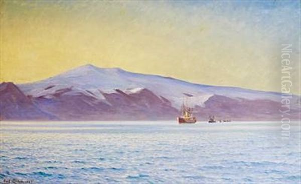Hans Majestaet Kong Frederik Viii Ombord Pa Et Skib Naer Islands Kyst, I Baggrunden Bjerget Eyjafjaeldsjokul Oil Painting by Carl Ludvig Thilson Locher