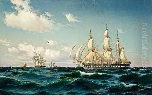 The Frigate "fyen" In A Light Breeze Oil Painting by Carl Ludvig Thilson Locher