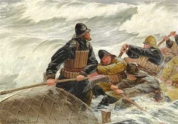 Redningsbaaden Gaaer Ud. Forrygende Storm. Motivet Fra Skagen Oil Painting by Carl Ludvig Thilson Locher