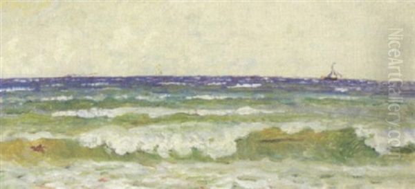 Marine Med Sejlskibe Oil Painting by Carl Ludvig Thilson Locher