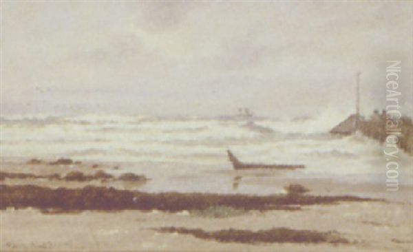 Marine Med Sejlskib Og Fiskere Pa Molen Oil Painting by Carl Locher