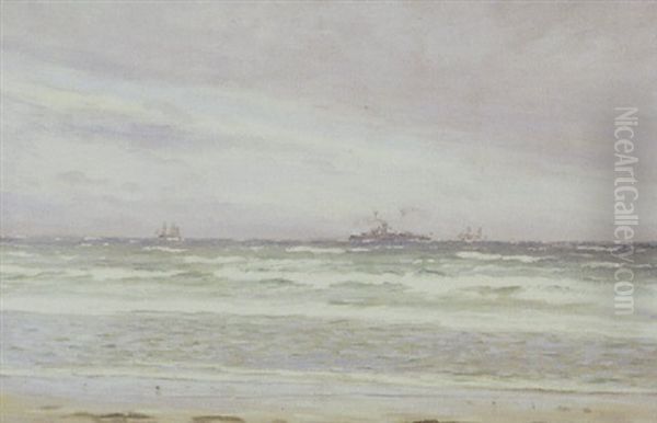 Marine Med Sejlskibe Oil Painting by Carl Ludvig Thilson Locher