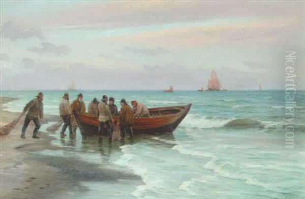 Dagens Fangst Bringes I Land Oil Painting by Carl Ludvig Thilson Locher