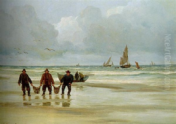 Fiskere Baerer Fangsten I Land Oil Painting by Carl Ludvig Thilson Locher
