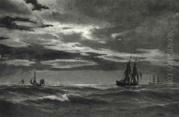 Marine Med Sejlskibe, M+neskin Oil Painting by Carl Ludvig Thilson Locher