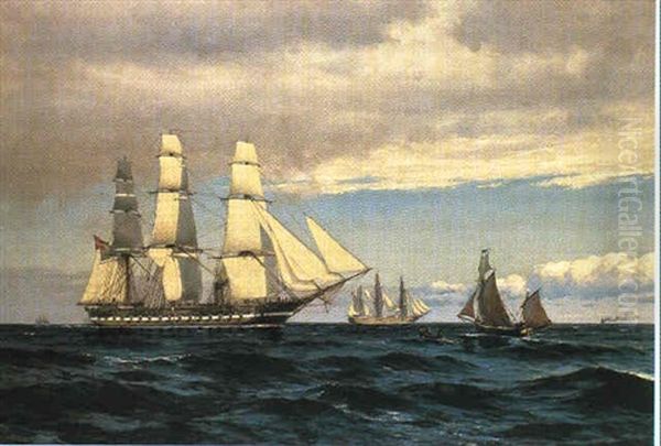 Marine Med Sejlskibe, I Forgrunden Fregatten Jylland Oil Painting by Carl Locher
