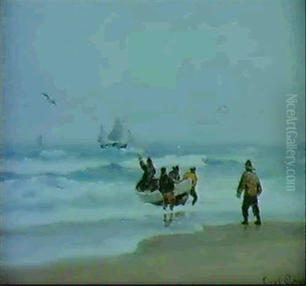 Redningbaden Saettes Ud Oil Painting by Carl Locher