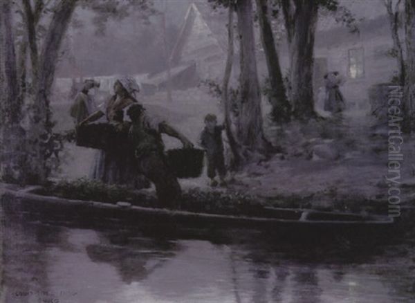 Unloading The Flatboat At The End Of The Day Oil Painting by Louis Loeb