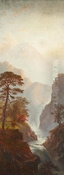 Campfire And Landscape With Falls (pair) Oil Painting by Alexander Francois Loemans