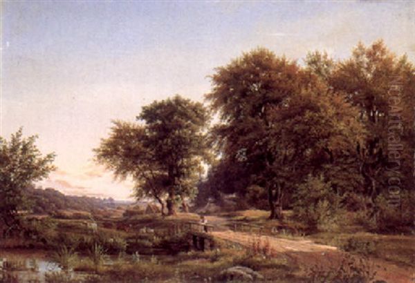 Fishing In An Extensive Landscape Oil Painting by Oscar Magnus Lofdahl