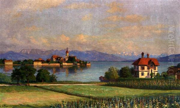 Blick Von Der Hohe Auf Wasserburg-malerwinkel An Einem Prachtvollen Fruhlingstag Oil Painting by Franz Loeffler