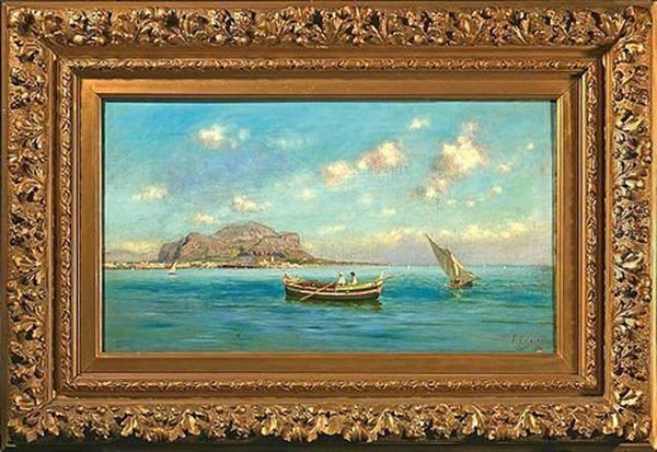 Fischerboote In Der Bucht Von Palermo, Im Hintergrund Erhebt Sich Der Monte Pellegrino Oil Painting by Francesco Lojacono