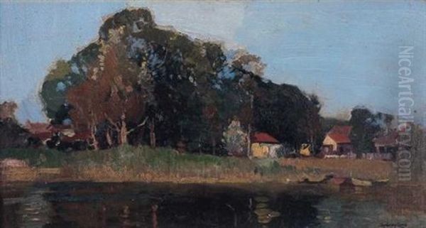 Cottage And Boats, Narrabeen Lakes (+ Bridge, Sketch, Verso) Oil Painting by Sydney Long