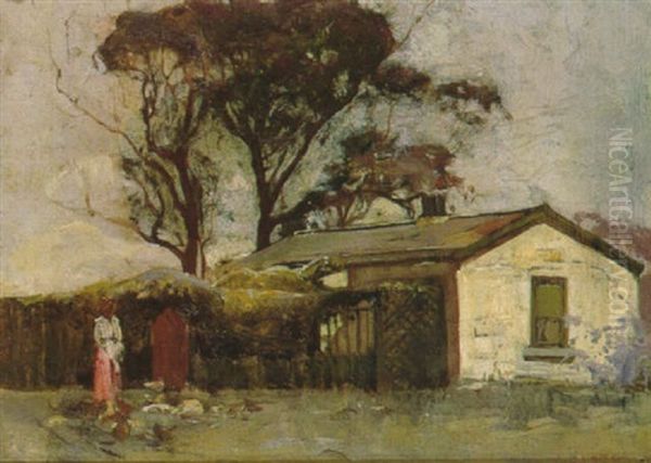 Feeding Chickens, Cremorne Point Oil Painting by Sydney Long