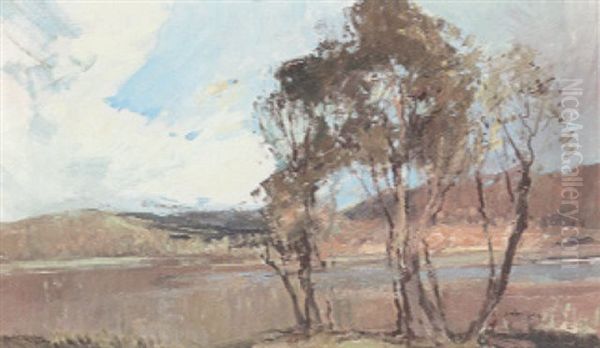 A Summer Landscape With A Lake And Trees In The Foreground Oil Painting by Sydney Long