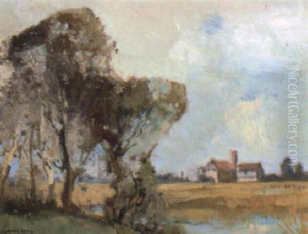 River With Farmhouses In Background Oil Painting by Sydney Long