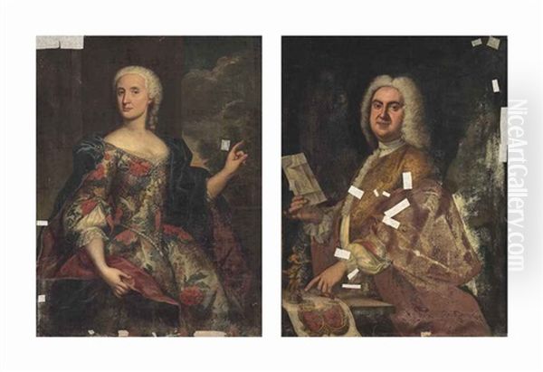 Portrait Of A Lady, Half-length, In A Richly Embroidered Dress, With Pearls... (+ Portrait Of A Nobleman, Half-length, In A Gold-embroidered...; Pair) Oil Painting by Alessandro Longhi