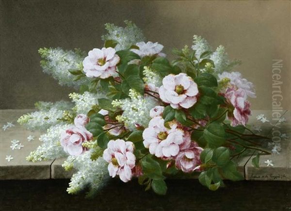 Still Life - Pink Roses And Lilacs Oil Painting by Raoul Maucherat de Longpre