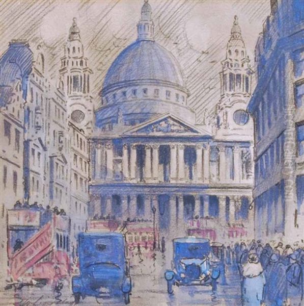 St Pauls Cathedral, Trafalgar Square, Westminster Abbey And Horse Guards Parade Building (4 Works) Oil Painting by William Francis (Will) Longstaff