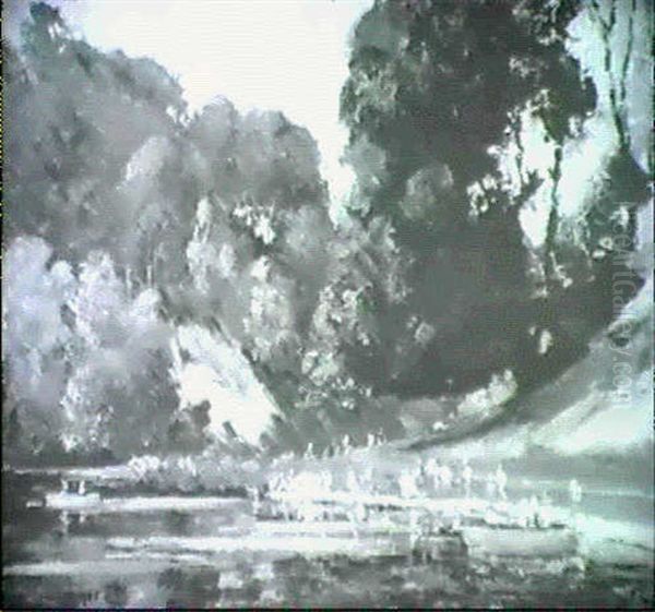 Swanbourne [&] Figures By A Lake Oil Painting by William Francis (Will) Longstaff