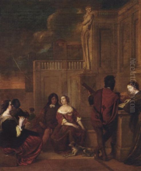 Elegant Company Listening To Music On A Terrace Oil Painting by Jakob van Loo