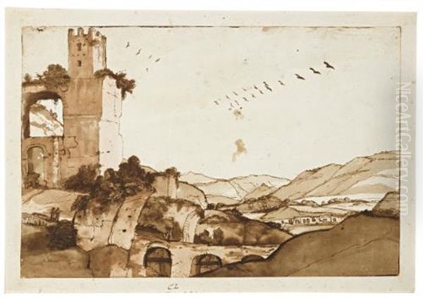 The Valley Of The Aniene, Near Tivoli, With The Ruins Of The Aqua Anio Novus Aqueduct Oil Painting by Claude Lorrain (Claude Gellee)