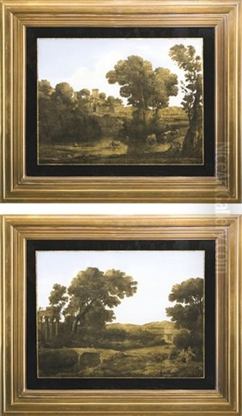A Pair Of Verre Eglomise Pictures After Paintings By Claude Lorrain Oil Painting by Claude Lorrain