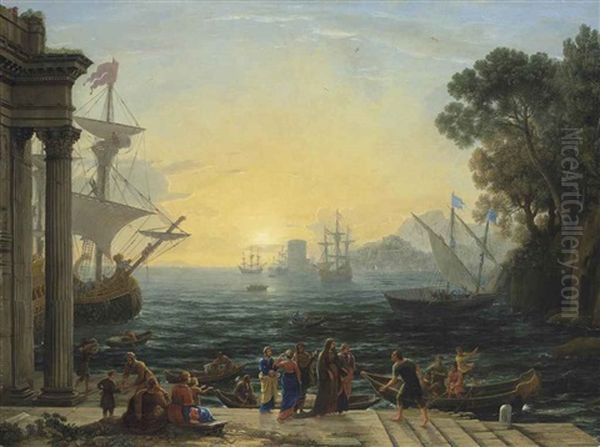 A Mediterranean Port At Sunrise With The Embarkation Of Saint Paula For Jerusalem Oil Painting by Claude Lorrain