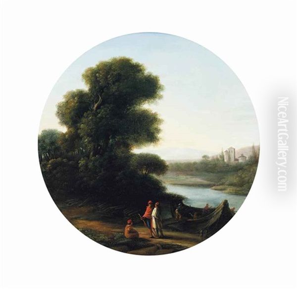 A Wooded River Landscape With Figures On A Path And Others Loading A Boat With Logs, A Castle Beyond Oil Painting by Claude Lorrain