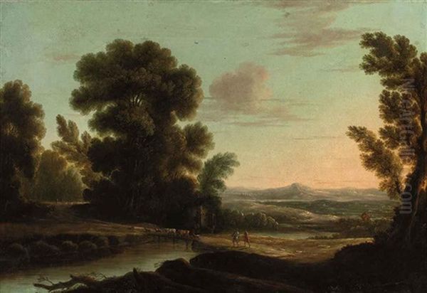 An Italianate River Landscape With Herdsmen With Their Cattle Crossing A Bridge Oil Painting by Claude Lorrain