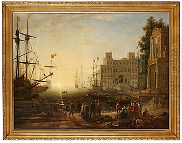 Carpriccio Med En Italiensk Hamn I Skymning Med Villa Medici Och Handelsman Oil Painting by Claude Lorrain (Claude Gellee)