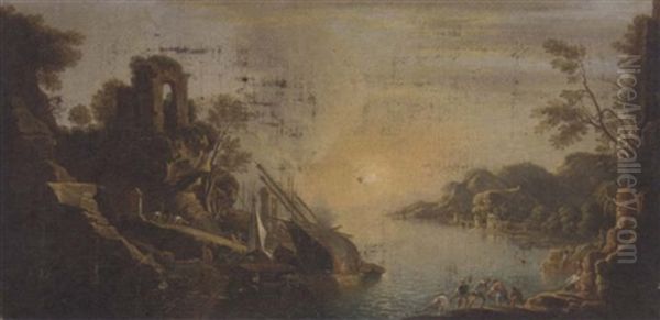 A Capriccio Of A Mediterranean Coastal Inlet With Shipping And Fishermen Pulling In The Catch Oil Painting by Claude Lorrain