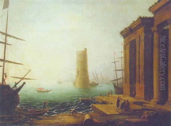 A Capriccio Of A Mediterranean Harbour At Sunset Oil Painting by Claude Lorrain