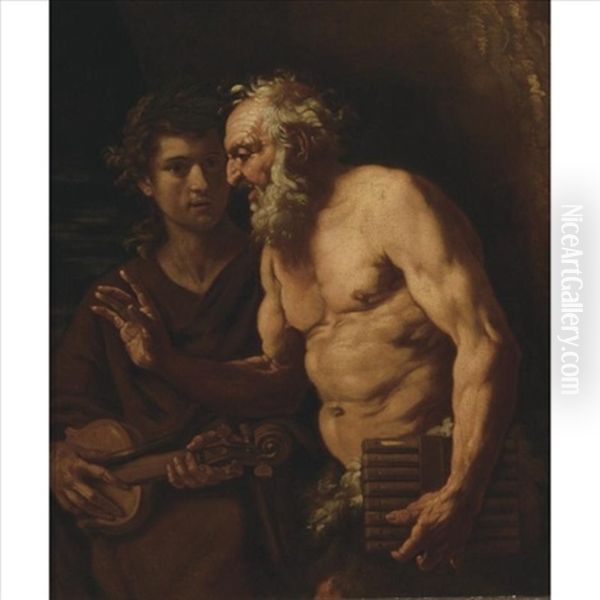 Apollo And Pan Oil Painting by Johann Carl Loth